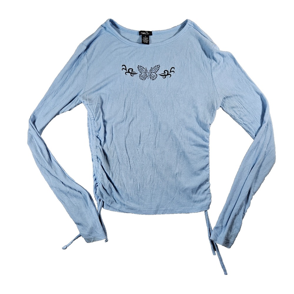 Rue21 Womens Y2k‎ Blue Ribbed Long Sleeve Butterfly Rhinestone Baby Top Sz M